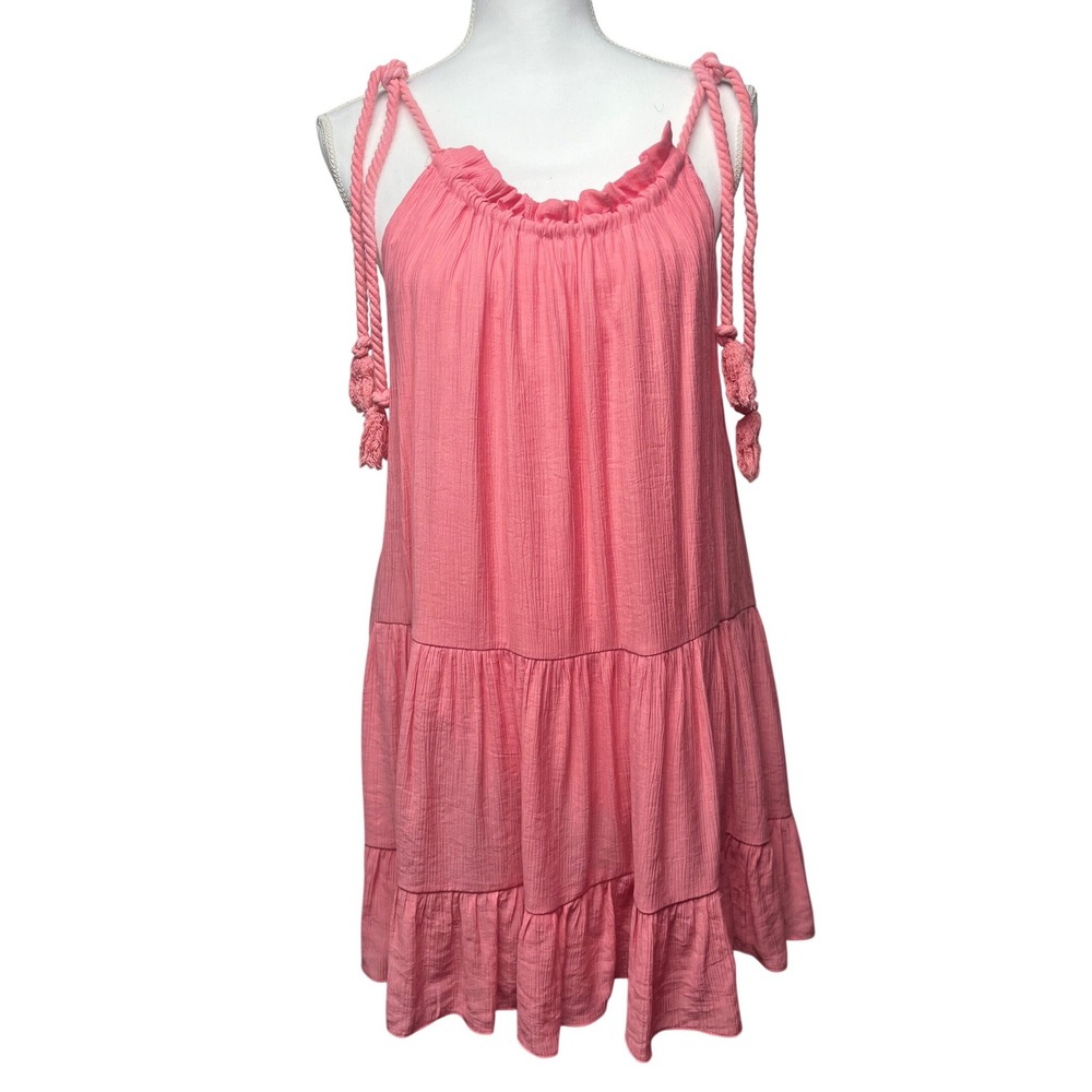 Mustard Seed Boho Coral Pink Crinkle Gauze Tiered Mini Dress Rope Tassel Strap M